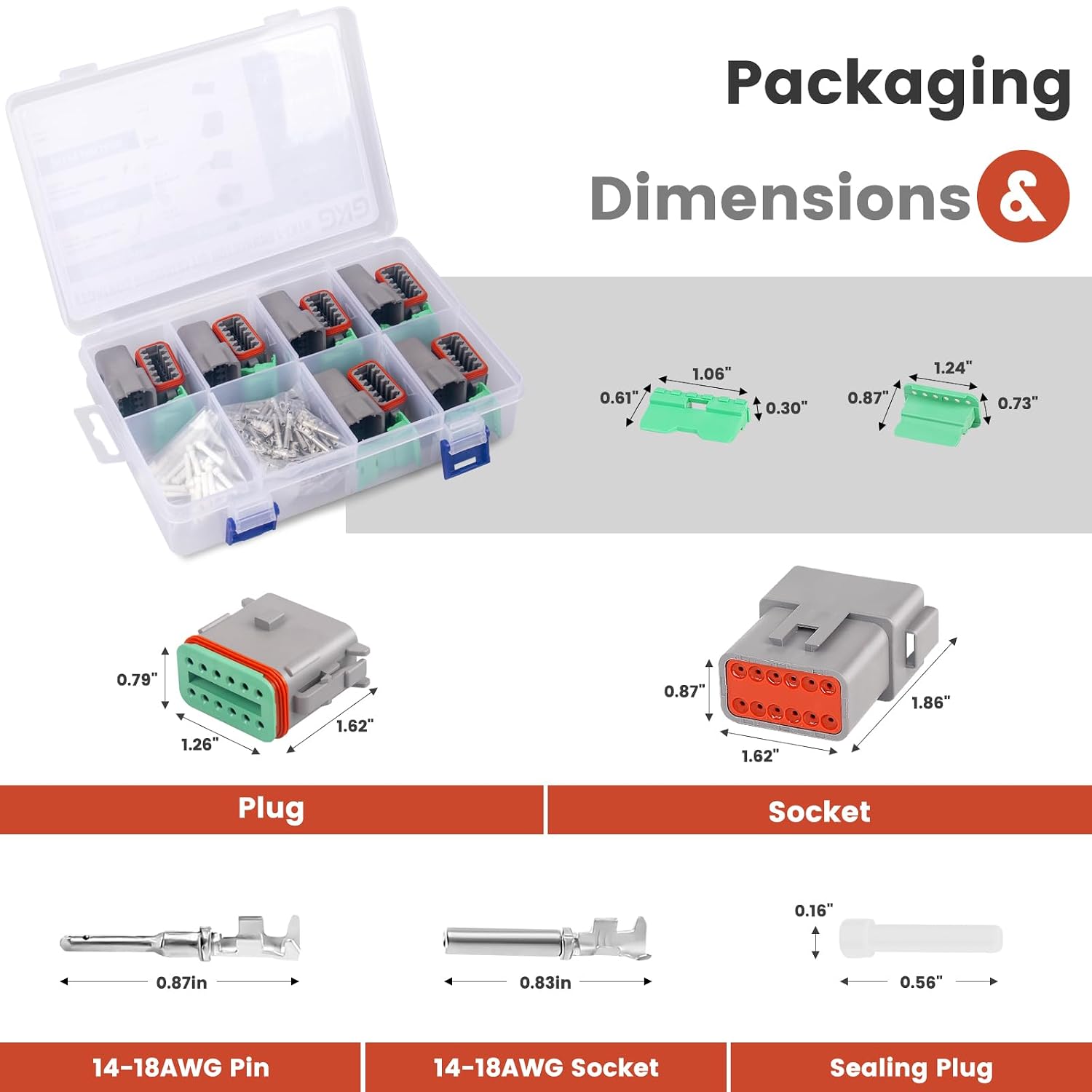 GKG DTK7-1 12 Pin Deutsch Connector Kit,6 Sets DT Deutsch Connector 12 Pin,Gray Waterproof Electrical Wire Connectors with 80 Pairs Size 16 Stamped Contacts 14-18AWG for Engine,Truck and Boat,etc