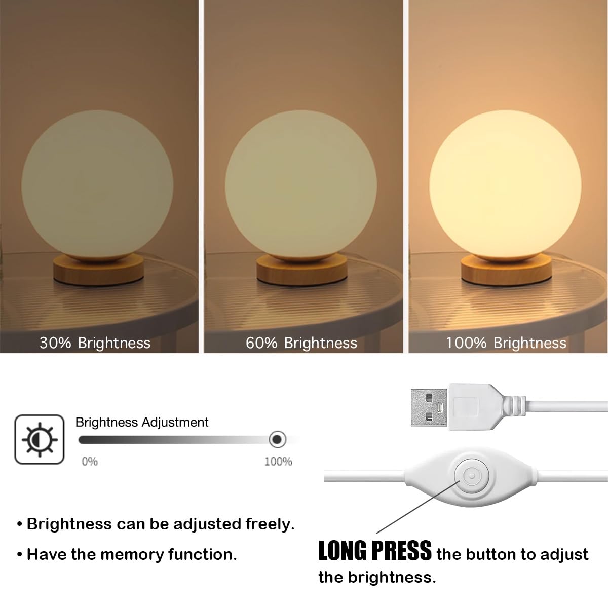 Lampada da Tavolo con Paralume A Sfera in Vetro Bianco, Dimmerabile, con Ricarica USB, Moderna Luce Notturna con Base in Legno Soggiorno, Arredamento per La Casa E Ufficio.