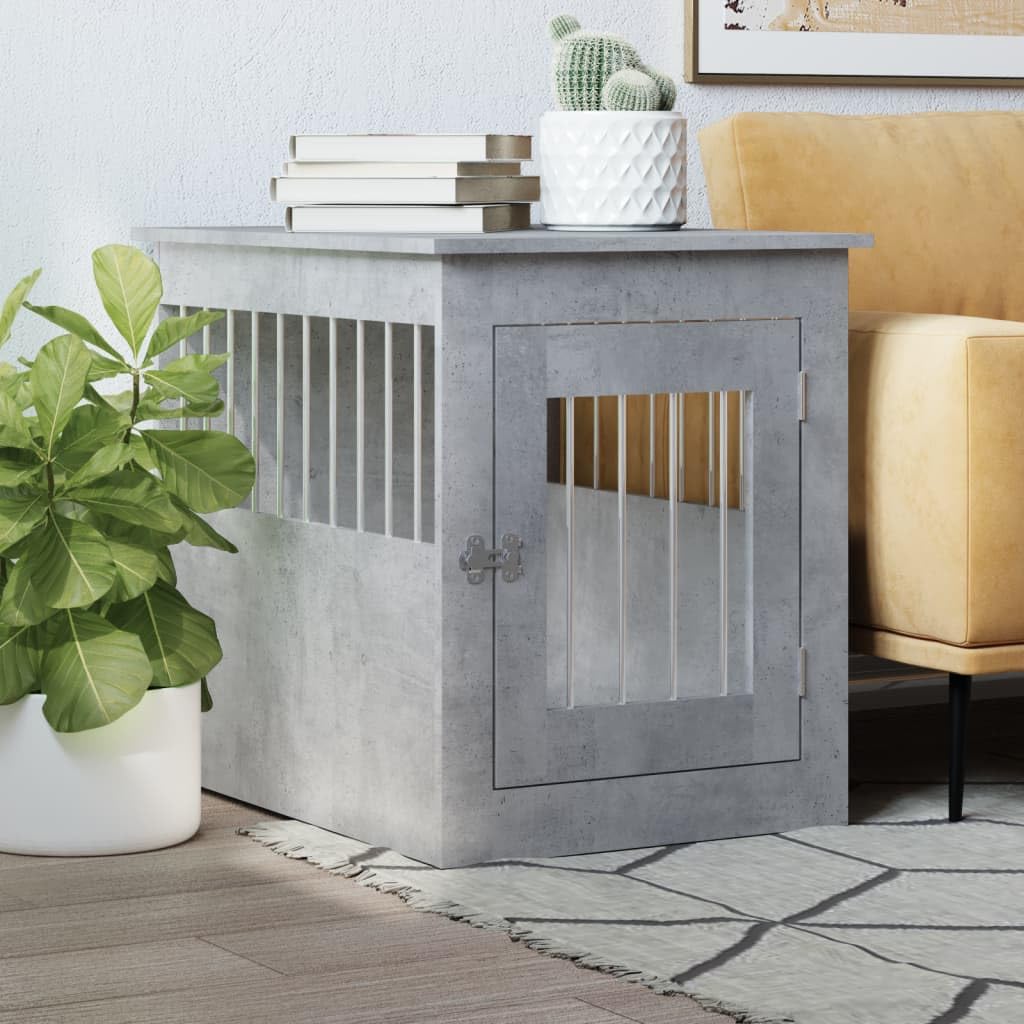 Gecheer Dog Crate Furniture Side Table End Table Pet Cage for Small and Medium Dogs With Lockable Door Concrete Grey 55x75x65 cm Engineered Wood