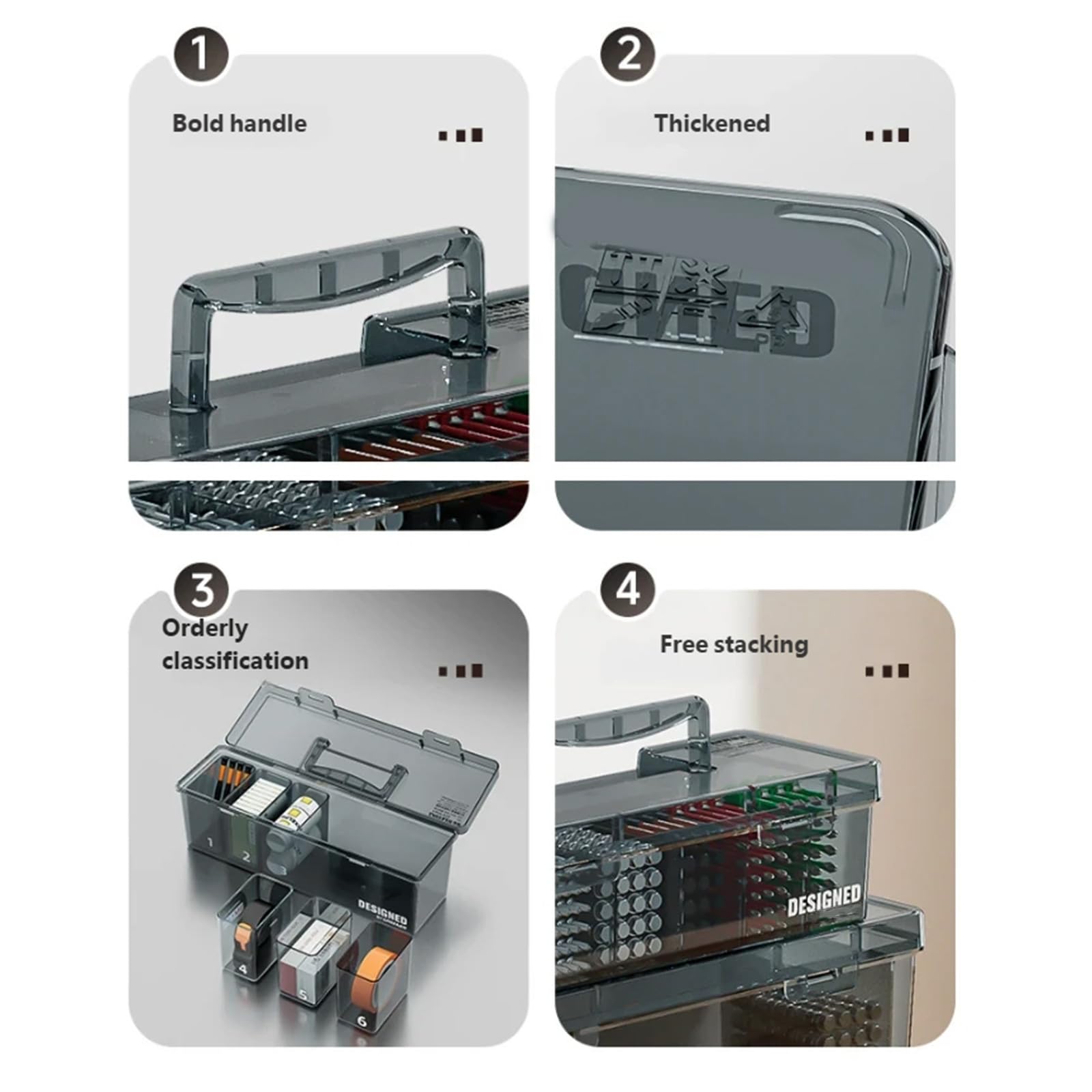 Caja de almacenamiento de herramientas ajustable con múltiples compartimentos para organizar tornillos, componentes electrónicos y piezas de hardware pequeñas