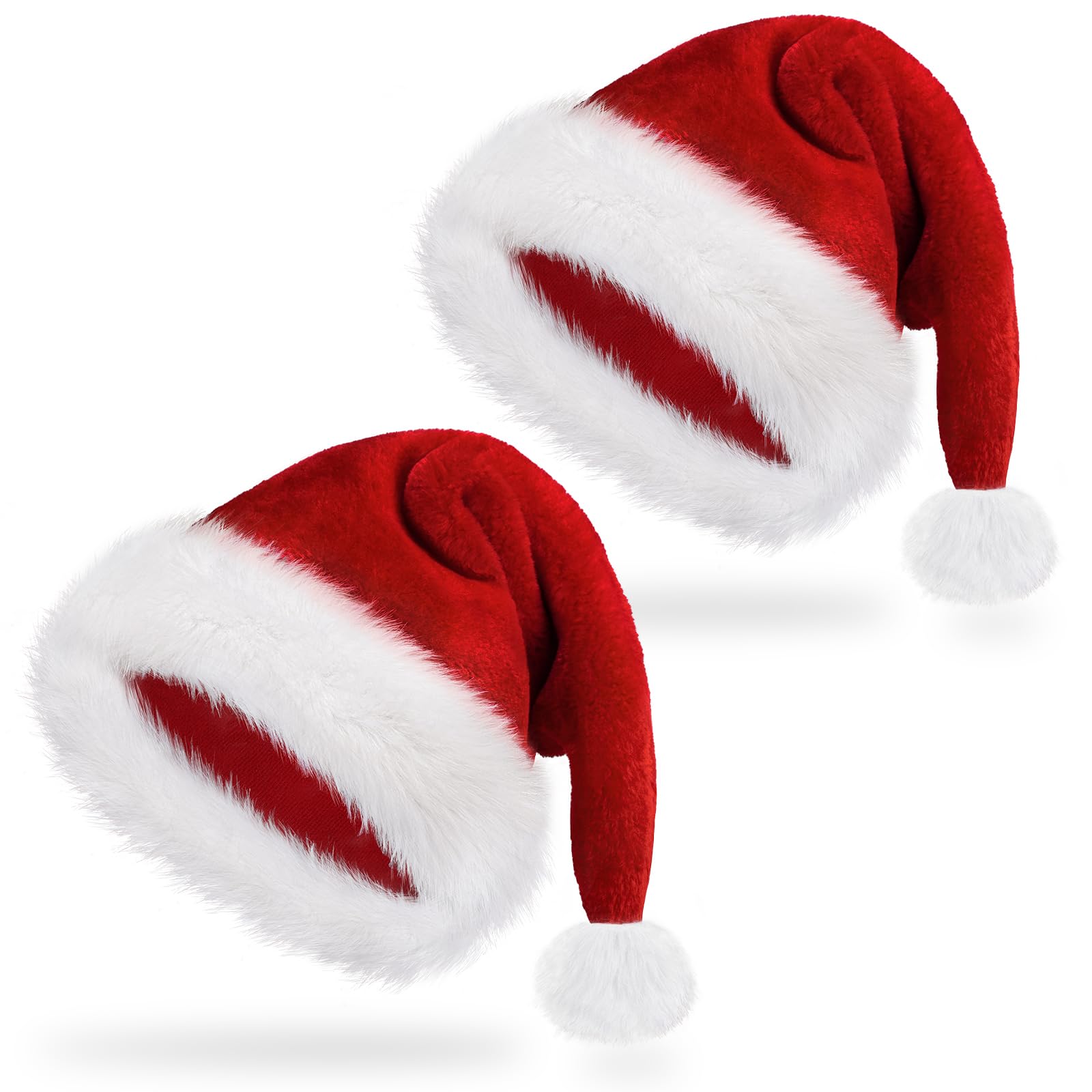 2 PCS Santa Hats for Adults Luxury Father Christmas Hats Bulk Plush Xmas, Velvet Comfy Santa Claus Outfit for New Year Festive Party Supply, Thicken Classic Fur Decorations