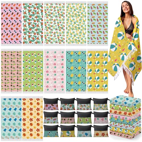 Peryiter 24 Pack Microfiber Oversize Turkish Beach Towel Set 12 Large Absorbent Beach Towels with 12 Storage Bag 28 x 55 Quick Dry Lightweight Bath Towel Blanket for Hawaii Camp Swim Pool(Summer)