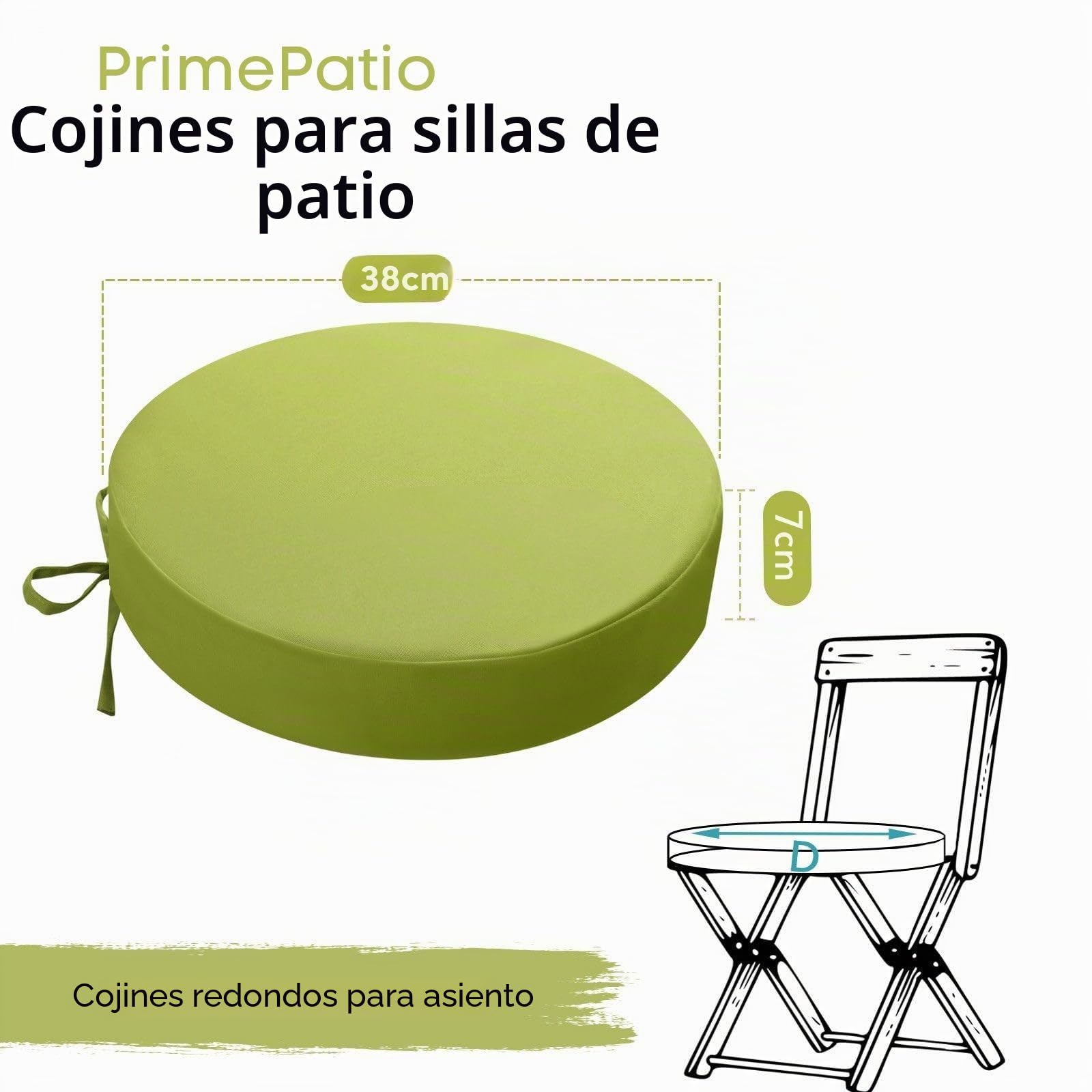 Juego de 2 cojines redondos para sillas de exterior, 7 cm de grosor, cojines redondos para asiento de jardín con lazos, impermeables, para muebles de exterior, 38 x 38 cm, color verde