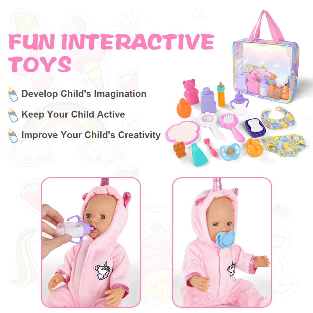 Aolso 18PZ Accessori per Bambole, Biberon Magico per Bambini e Ciucci, Set di Piatti e Posate per Bambole, Set Accessori Bagno per Bambola, dal Momento della Pappa a Quello del Bagnetto, Idee Regalo