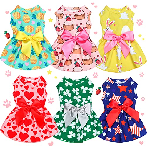 6 Pieces Holiday Dog Dress Easter Puppy Dress Amrican Flag Day Dog Bow Knot Skirts Puppy Birthday Dress for Easter(Large/ Fit 5-6 lbs)