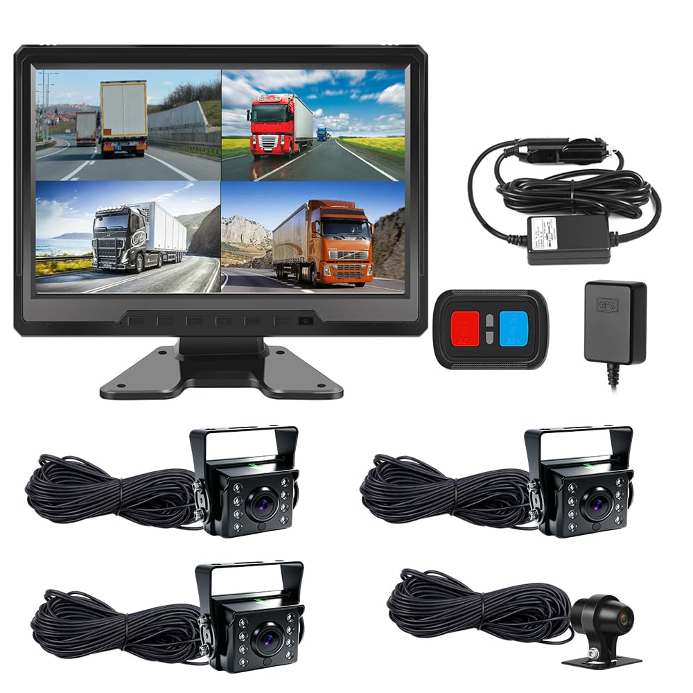 VSYSTO 4CH HD 1080P Camion Dash Cam, 10.1 '' Monitor Veicolo Backup Camera per Semi Trailer Van Trattore RV, Front & Sides & Rear Cam, GPS, Lente di Visione Notturna Infrarossa, Sensore di Temperatura