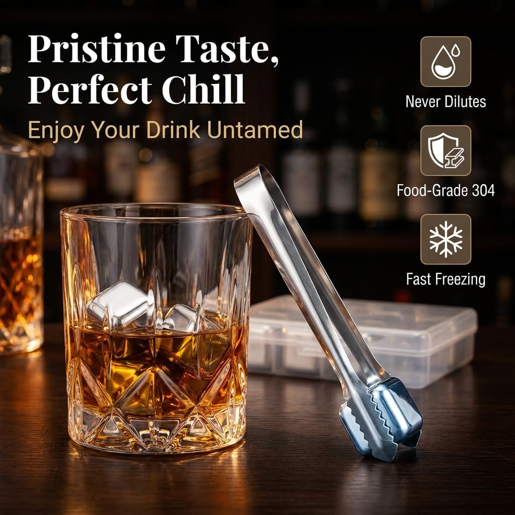 Whiskey Stones,Metal Ice Cubes with Tongs,Pack Of 8