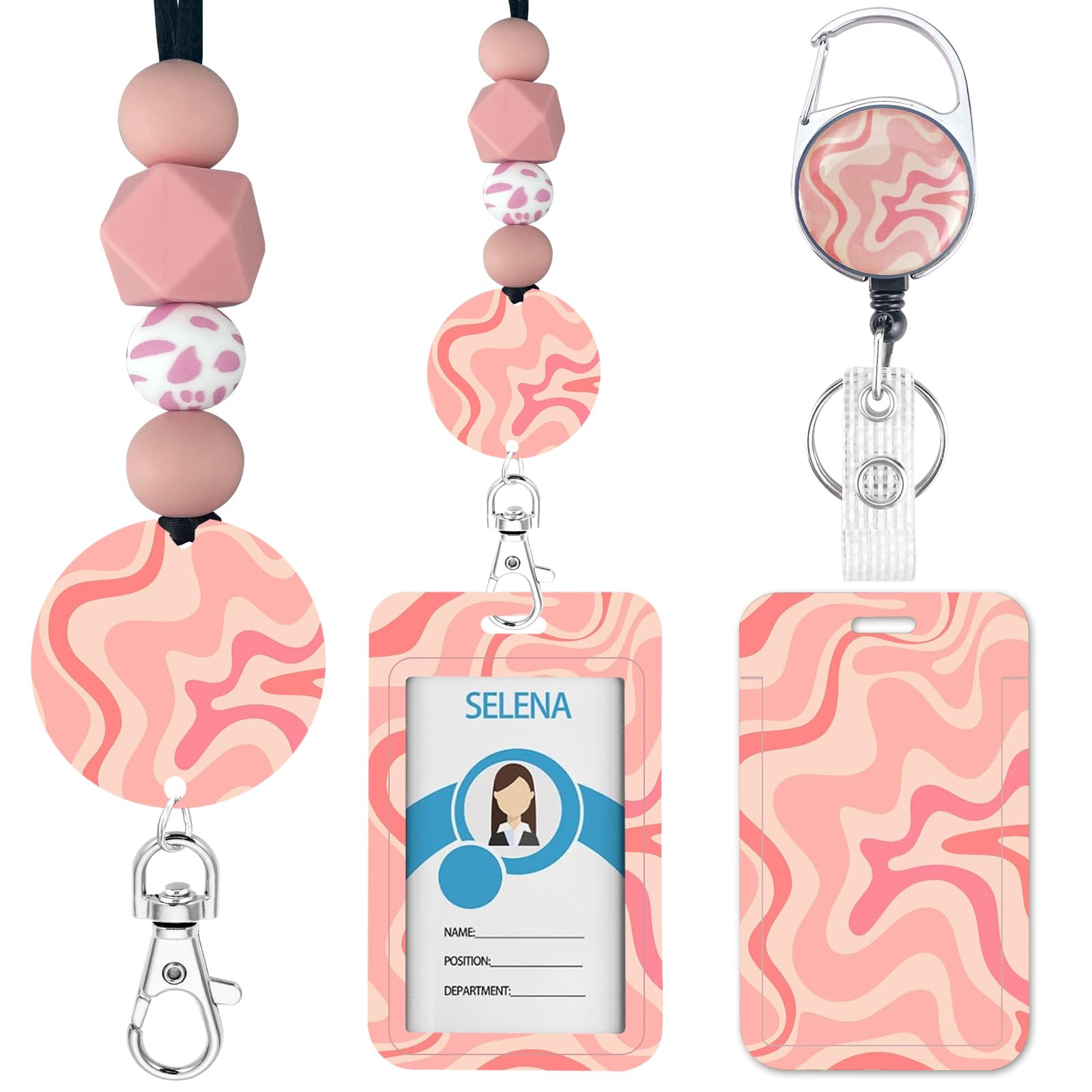JINGSENCute Wave Powder Pink Lanyards for Id Badges,Teacher Lanyard with Id Holder Badges Lanyards for Keys Nurse Teacher Office Gifts