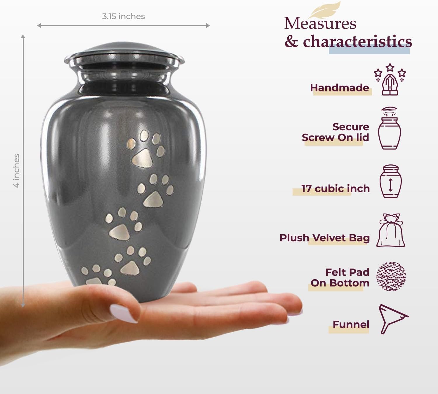 Trupoint Memorials Small Pet Urn for Dogs and Cats Ashes, Paws Print Grey Cremation Urns for Pets up to 17 lbs - Image 2