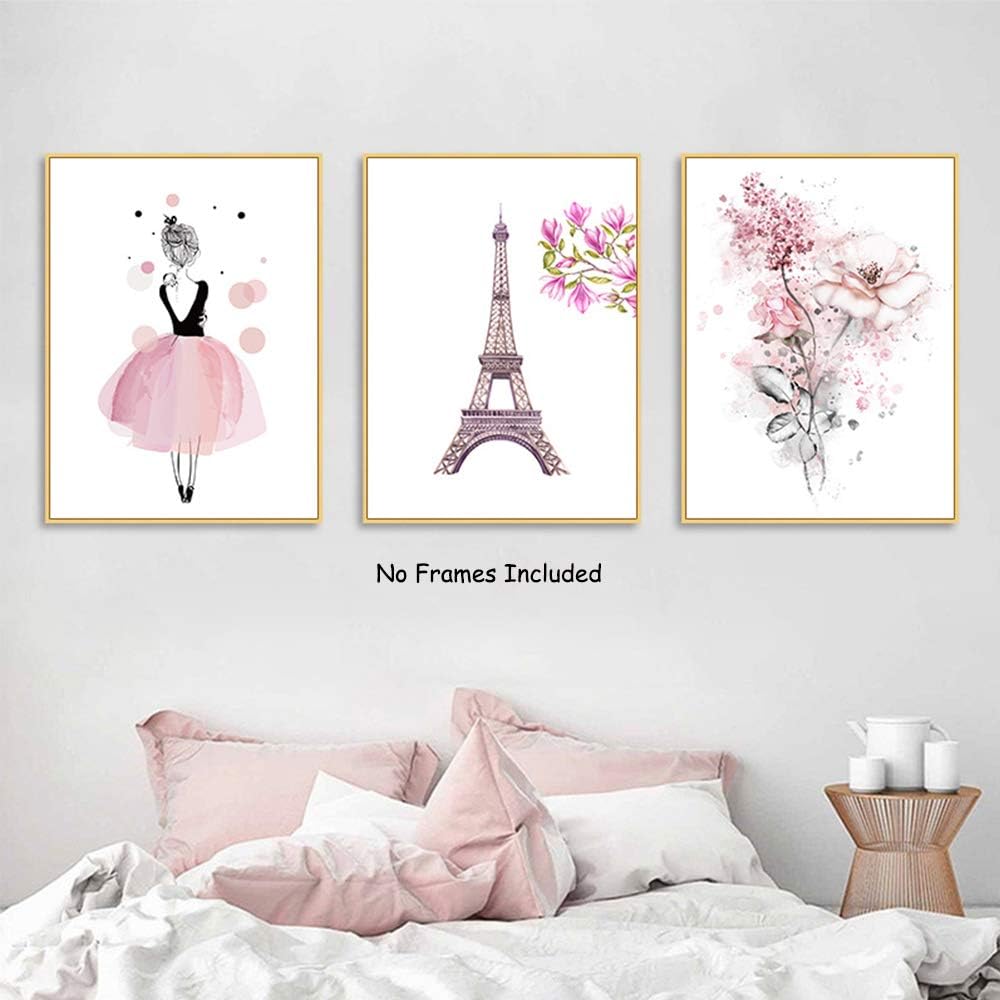 Cute Pink Ballerina Dancer Girl Prints Eiffel Tower Decor Flower Art Prints for Bedroom Play Room Kids Girls Wall Art 8"x10" Unframed Set of 3 Prints Girl Flower