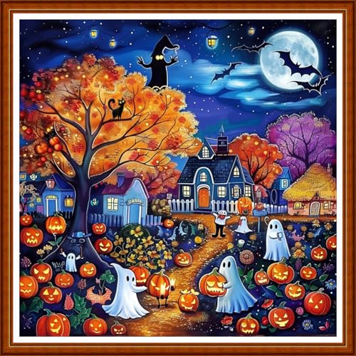 Image of Joyhoor Stamped Cross Stitch Kits for Beginners Needlepoint Kits for Adults Embroidery Kits 11CT Counted Cross Stitch Kits Printed Embroidery Pattern- Magical Halloween 18x18 inchs