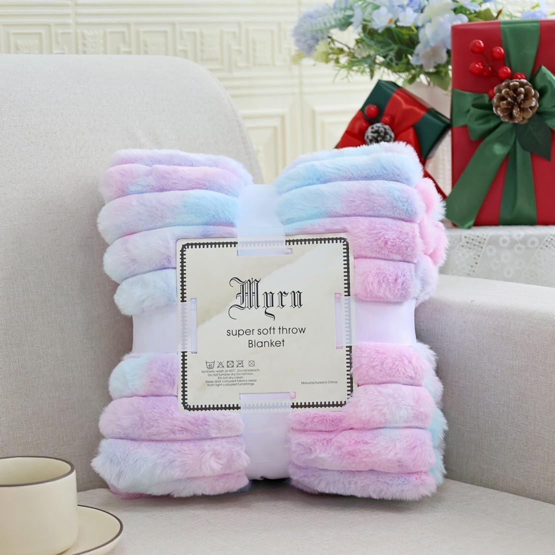 Super Soft Faux Fur Plush Throw Blanket, Rainbow Tie-Dye Pattern, Pastel Blue and Pink, Ribbed Decorative Cozy Blanket for Couch Bed,Gift for Women (Twin (63" x 77"),Blue and Pink) - Image 8