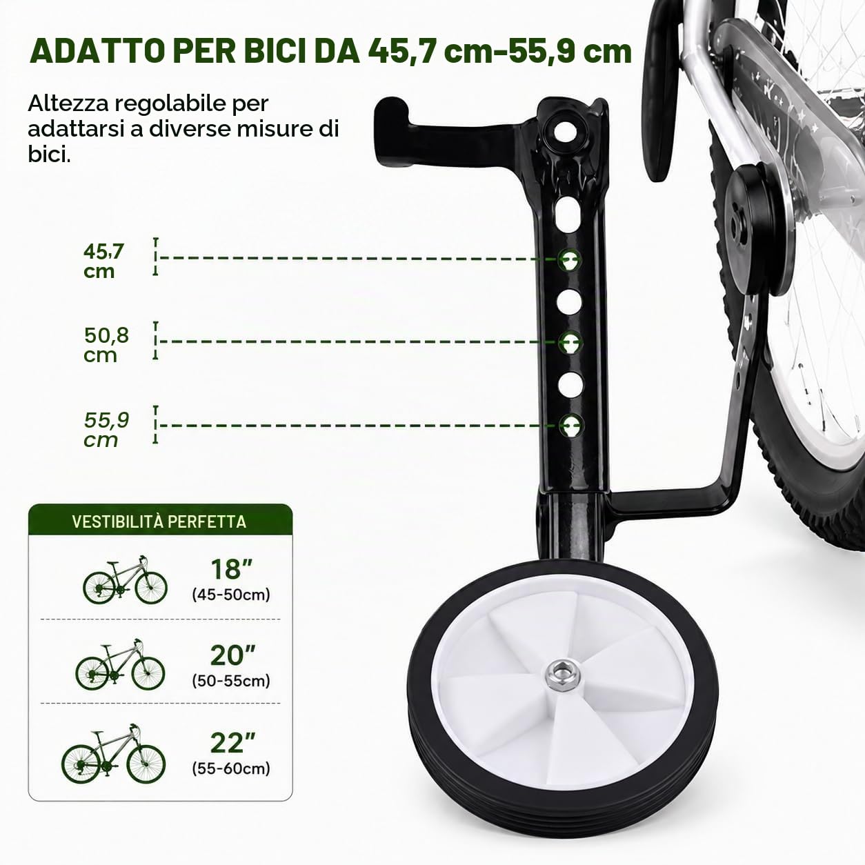 Stabilizzatori per bici per bambini, ruote per allenamento per bicicletta, ruote di supporto universali per biciclette per bambini da 18 20 22 24 pollici (1 paio)