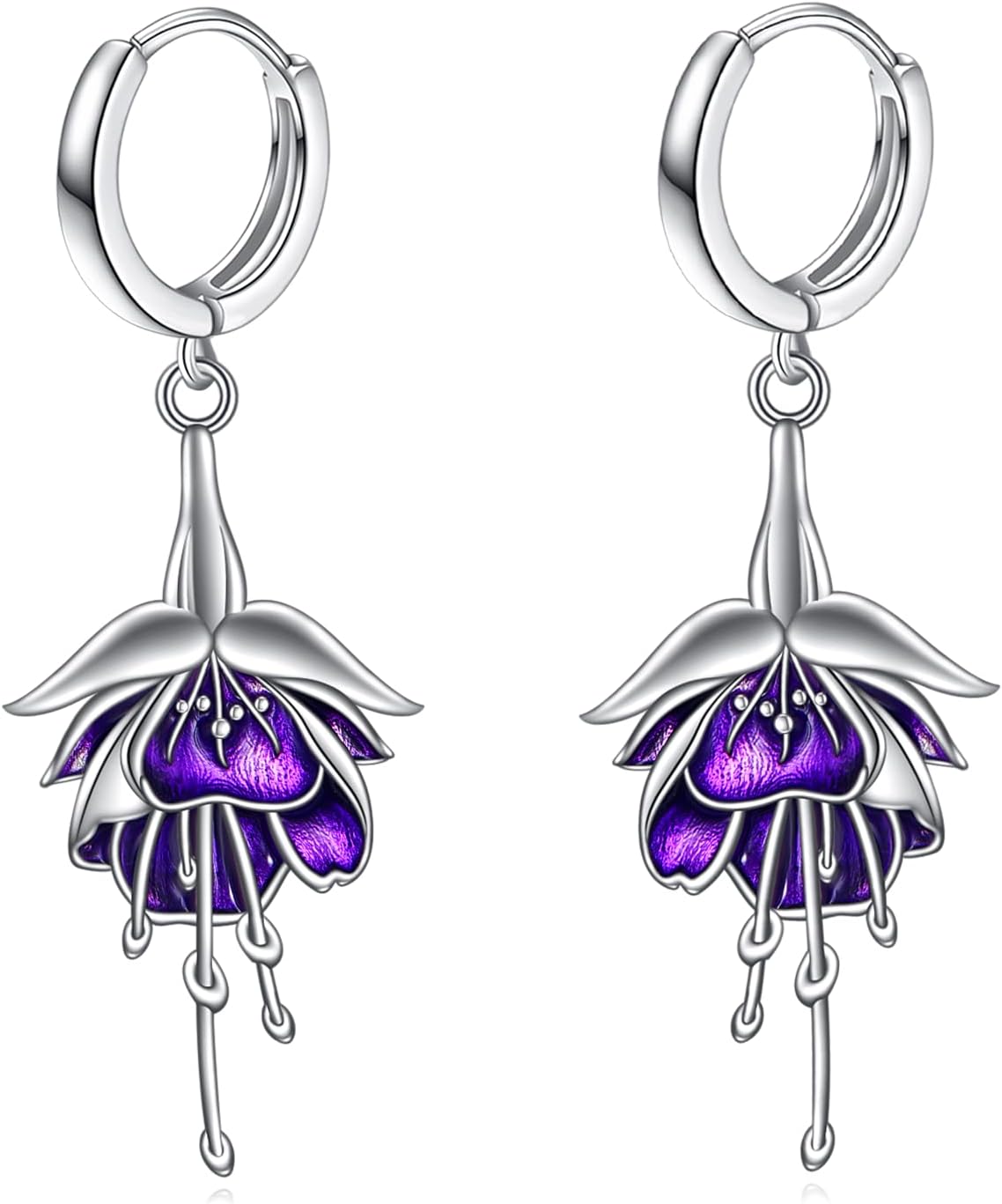 Fuchsia Flower Earrings Sterling Silver Purple Flower Drop Dangle Earrings Flower Jewelry Gift for Women