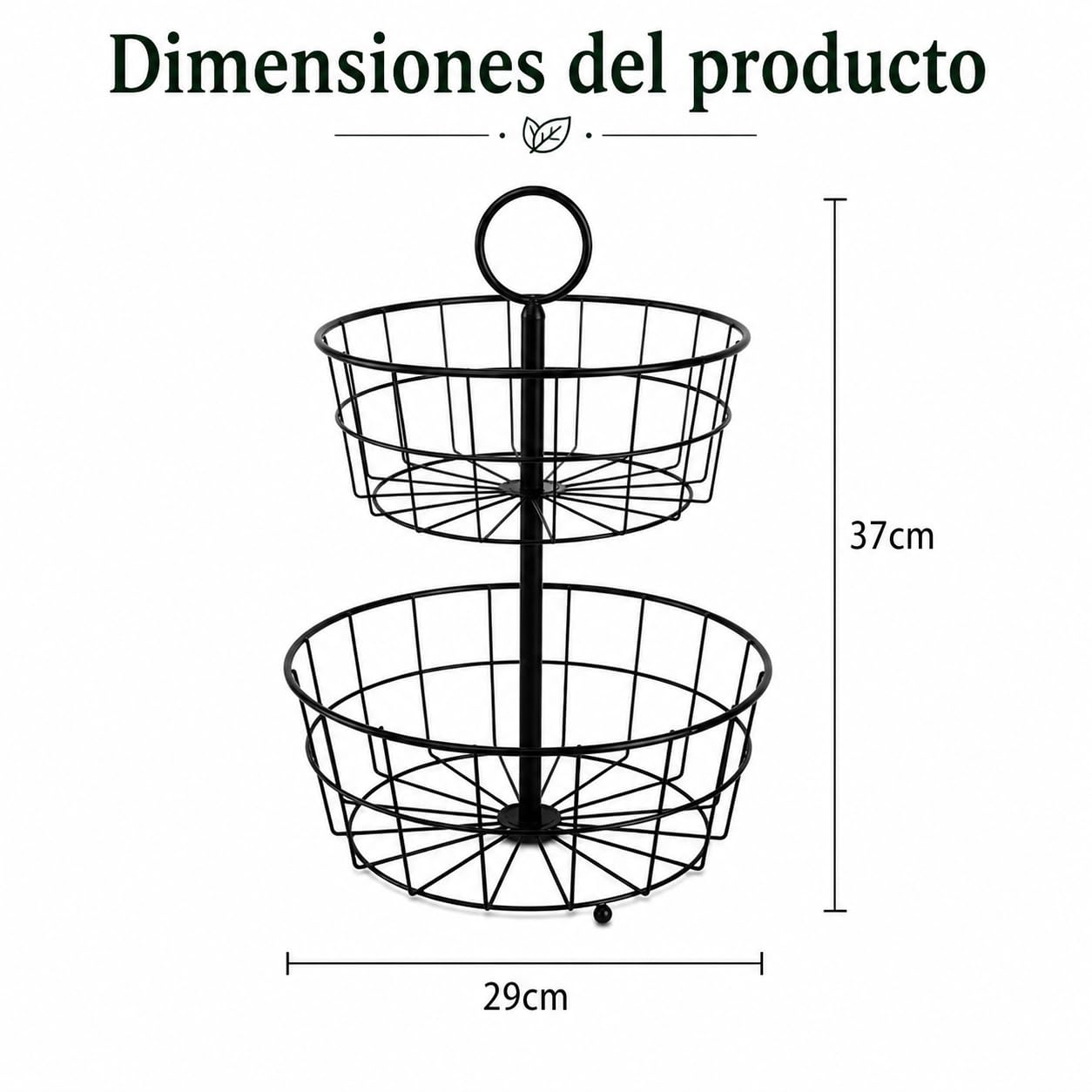 Fruitero de Metal Negro de 2 Pisos, Canastillo Redondo con Asa Arriba y Bandeja Ovalada con Pies de Bola Abajo, Exhibición y Almacenamiento de Frutas para Cocina y Mostrador,29x37cm,XZ-23148