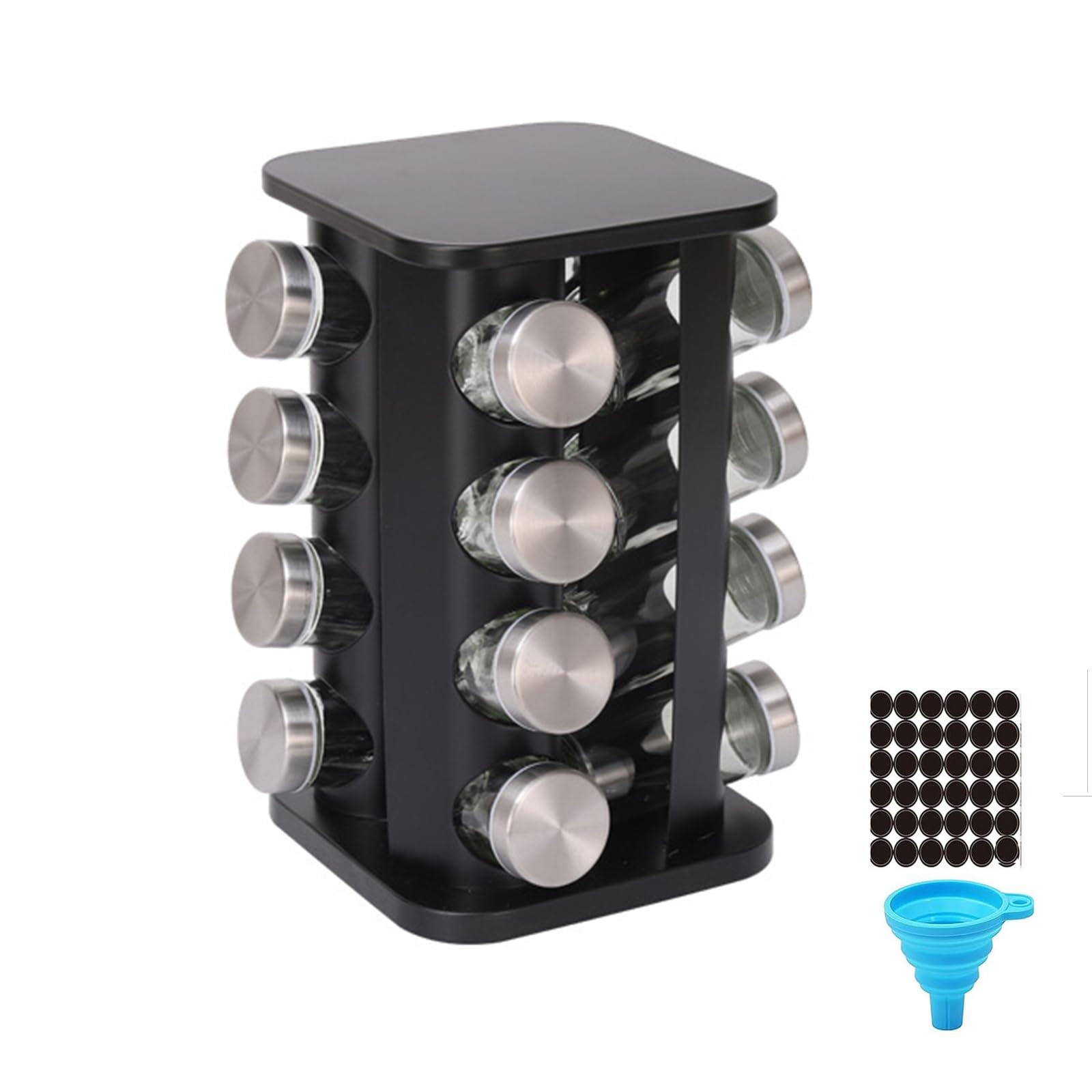 Estante de especias giratorio con 16 tarros de especias, organizador de torres de especias de cocina para mostrador o gabinete, gadgets de cocina (Black, SquareHead_16Jars)