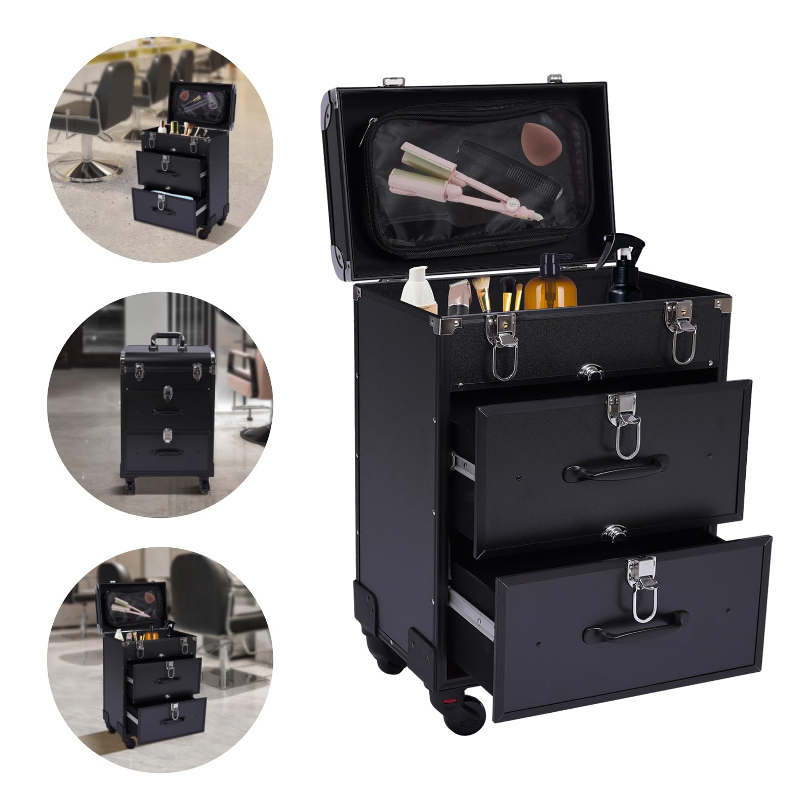 Valise de maquillage professionnelle à roulettes - Tiroirs et serrure - Grande - Pivotant à 360° - 36 x 23 x 58 cm - Noir