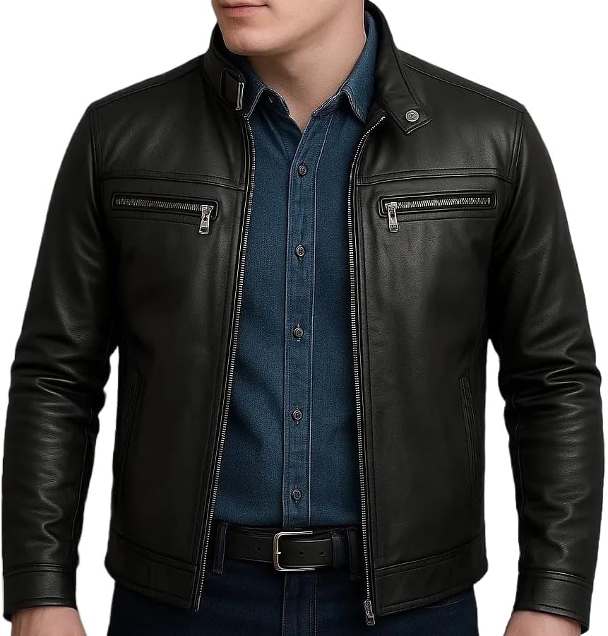 Jaqueta de Couro Masculina Slim Fit Casaco de Couro Legítimo para...