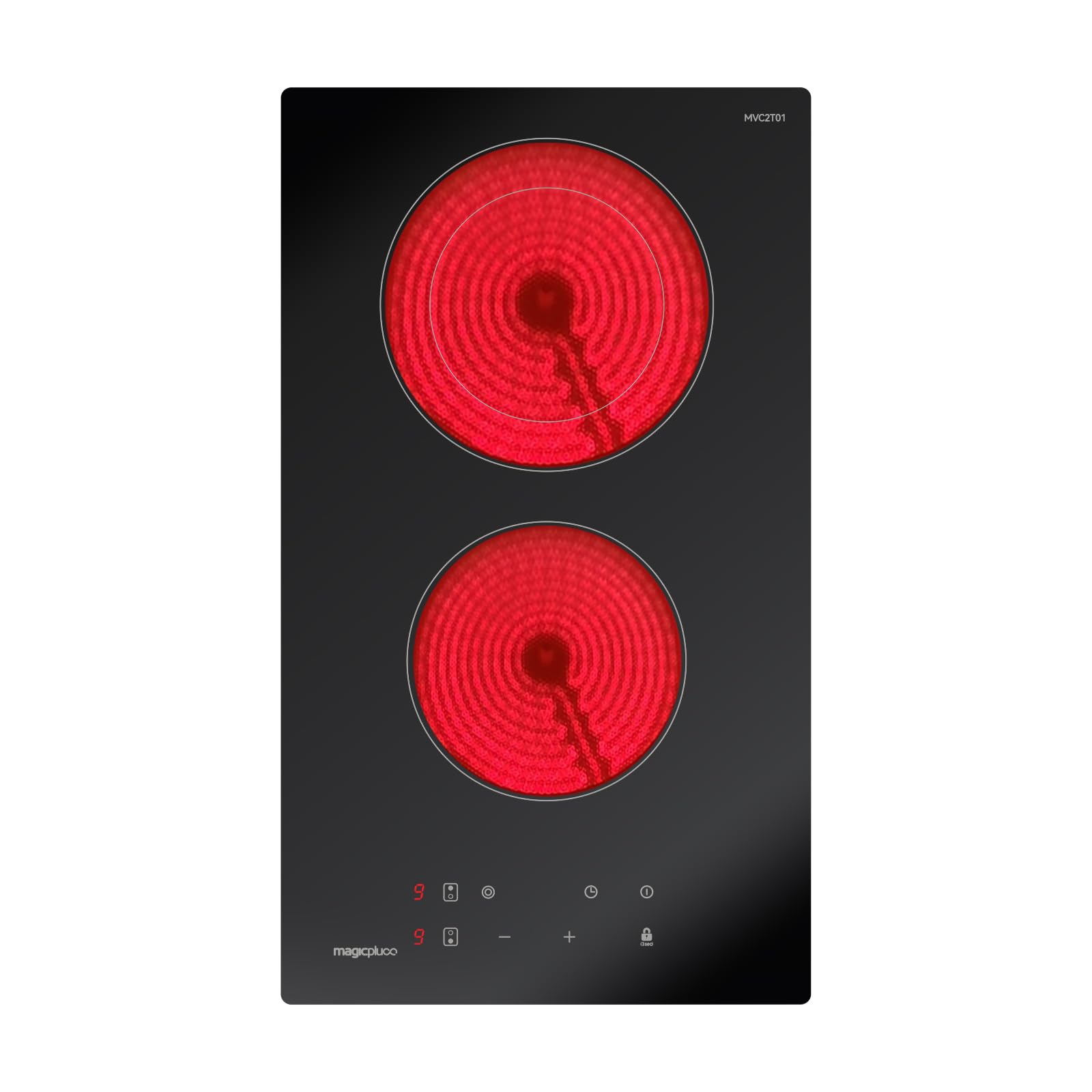 magicplux Placa Vitrocerámica 2 Fuegos, 29,5cm Vitrocerámica con Doble Zona, 9 Niveles de Potencia, Bloqueo para Niños, Temporizador, Apta para todo tipo de Sartenes, 3400W