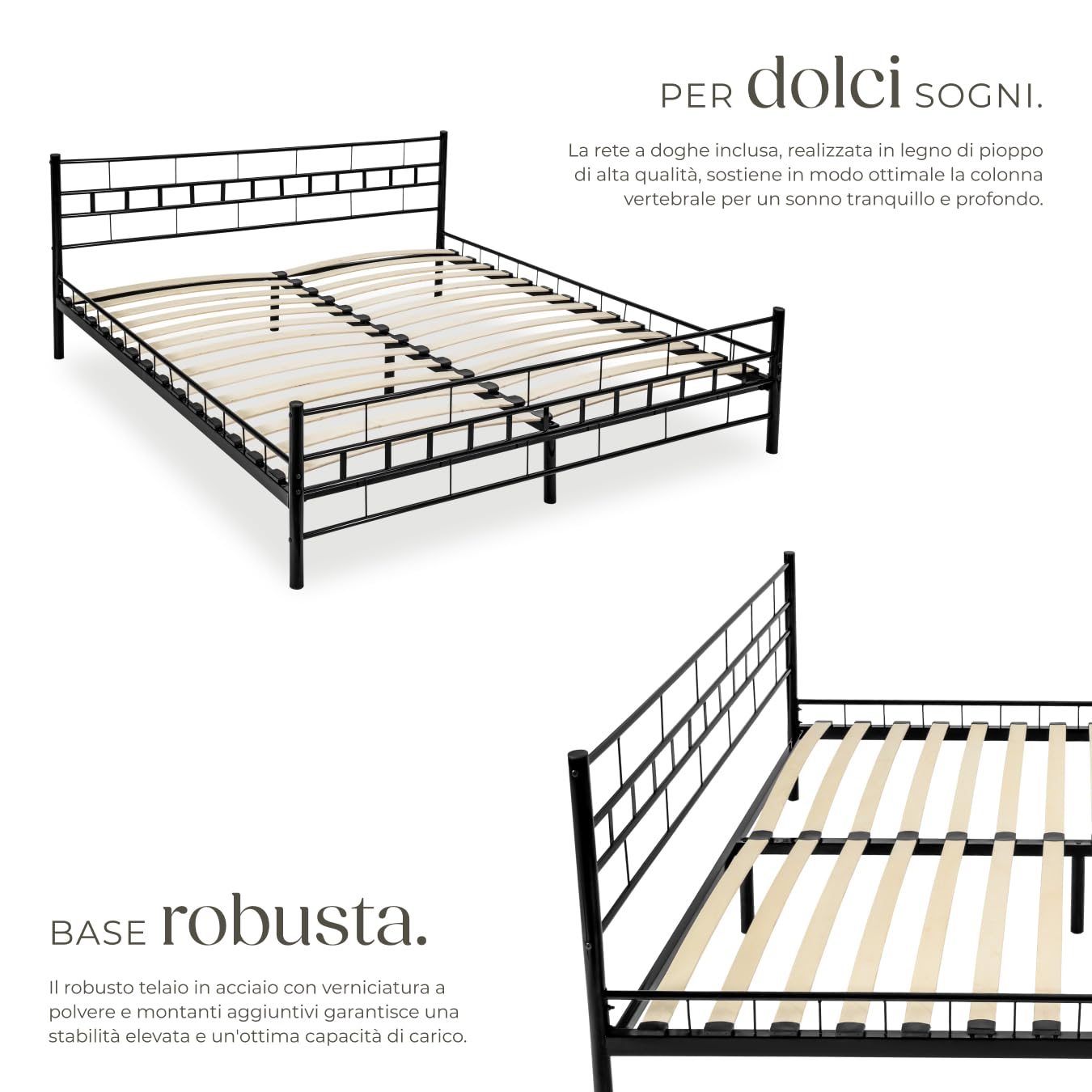 tectake® Struttura Letto in Metallo con Rete a Doghe in Legno di Pioppo Inclusa, Design Moderno, Struttura Robusta, Ideale per Arredamento Camera da Letto, 200x180 cm - Nero
