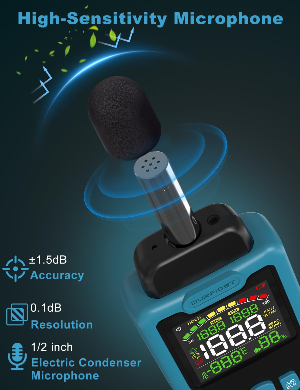 Sonometro, DURFICST Medidor de Decibelios con Temperatura y Humedad, Rango de 30-130 dB, Decibelimetro con Pantalla LCD a Color, Ponderación A/C, Unidad dB/SON, Respuesta RÁPIDA/LENTA, para Doméstico