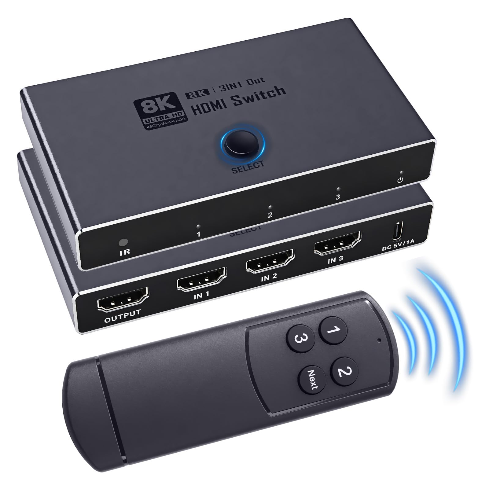 HDMI Switch 3 in 1 Out - 8K Aluminium HDMI Umschalter Verteiler mit IR-Fernbedienung unterstützt Dolby Vision 8K@60Hz 3D HDCP 2.3 Plug & Play für PC Laptop TV Beamer Projektor - Nur Spiegelmodus