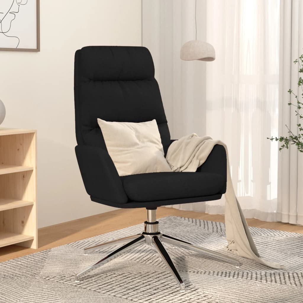 Sillón de relax de tela negra – Sillón giratorio 360° con reposabrazos y acolchado – Moderno sillón giratorio para salón y dormitorio – Cómodo sillón de salón con estructura de metal