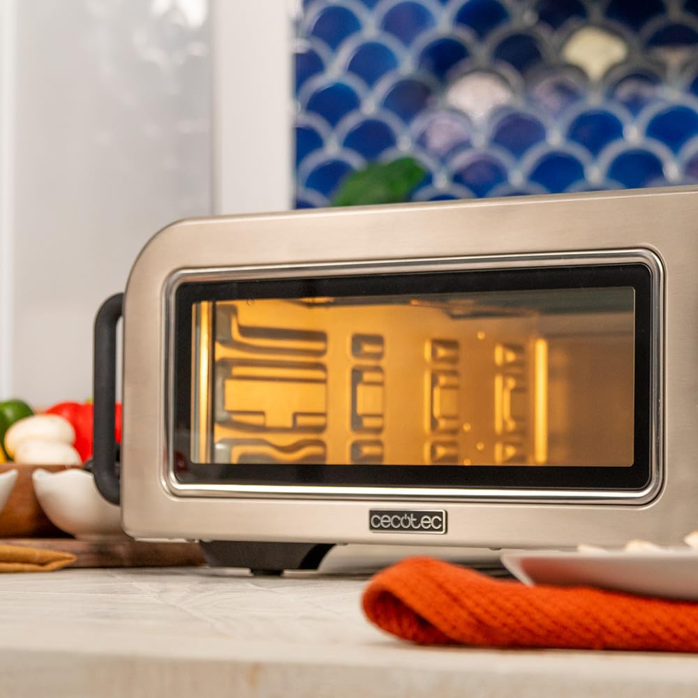 Cecotec Horno Eléctrico con Ventana para Pizzas Fun Pizza&Co Forno Bravo. 2000W, Capacidad 18L, Acero Inox, Diseño Plano para Pizza de 12"/30,5cm, Función Air Fryer, 15 Modos
