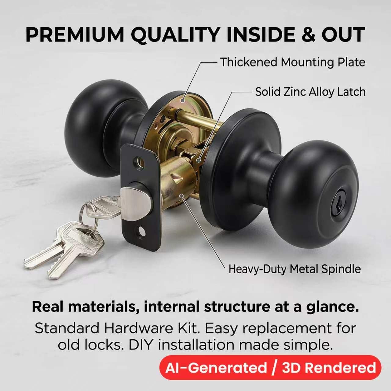 Matte Black Door Knobs with Lock - 6 Pack -8