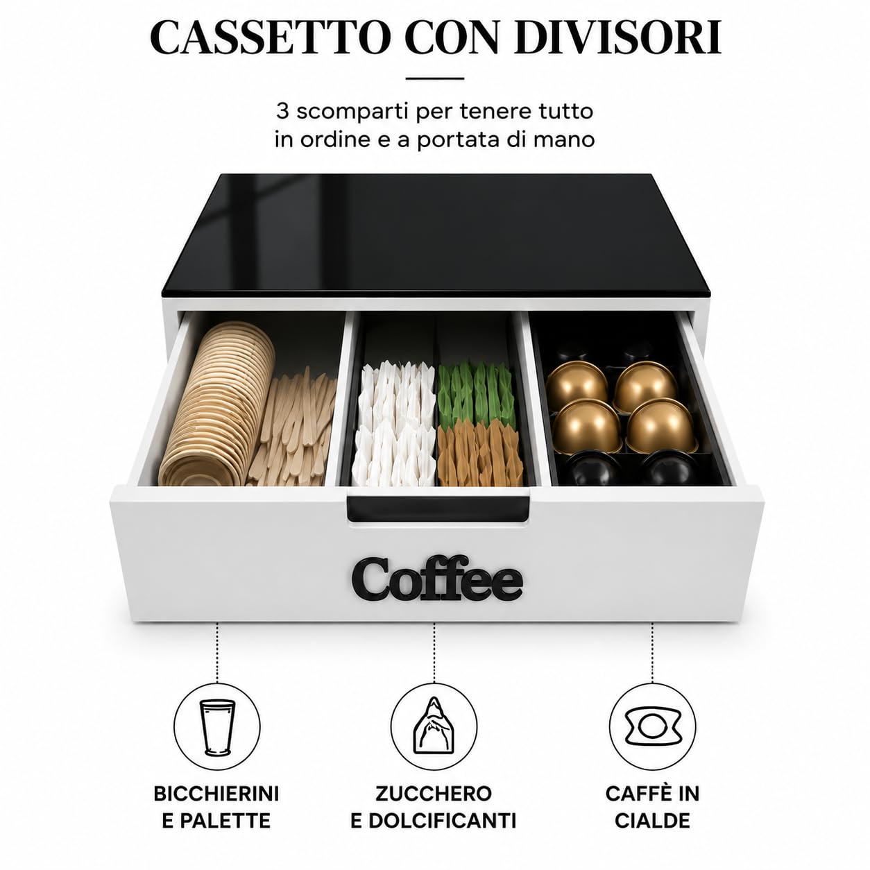 Porta Capsule con Cassetto e 3 Scomparti, Organizer Coffee Station con Top in Vetro, Portacialde da Appoggio, Contenitore Capsule per Angolo Caffè 30x30x10 cm (Nero)