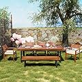 7-Piece Outdoor Wood Dining Set, Farmhouse Patio Dining Table with Bench and Chairs for 7-8 Persons, Picnic Conversation Set with Removable Cushions, Garden Club Dining Set for Backyard, Natural