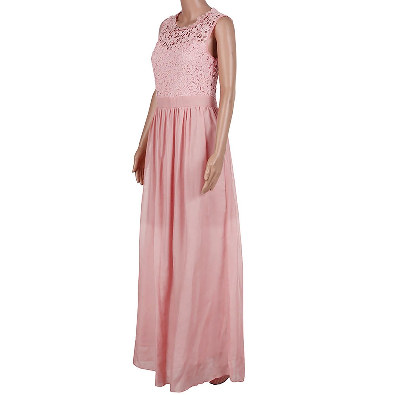 Abendkleid Lang Damen Elegant für Hochzeit Spitzen Rundhals ärmellos A Linie Chiffon Festlich Kleid Lange Ballkleider Brautjungfernkleider Cocktailkleid Spitzenkleid
