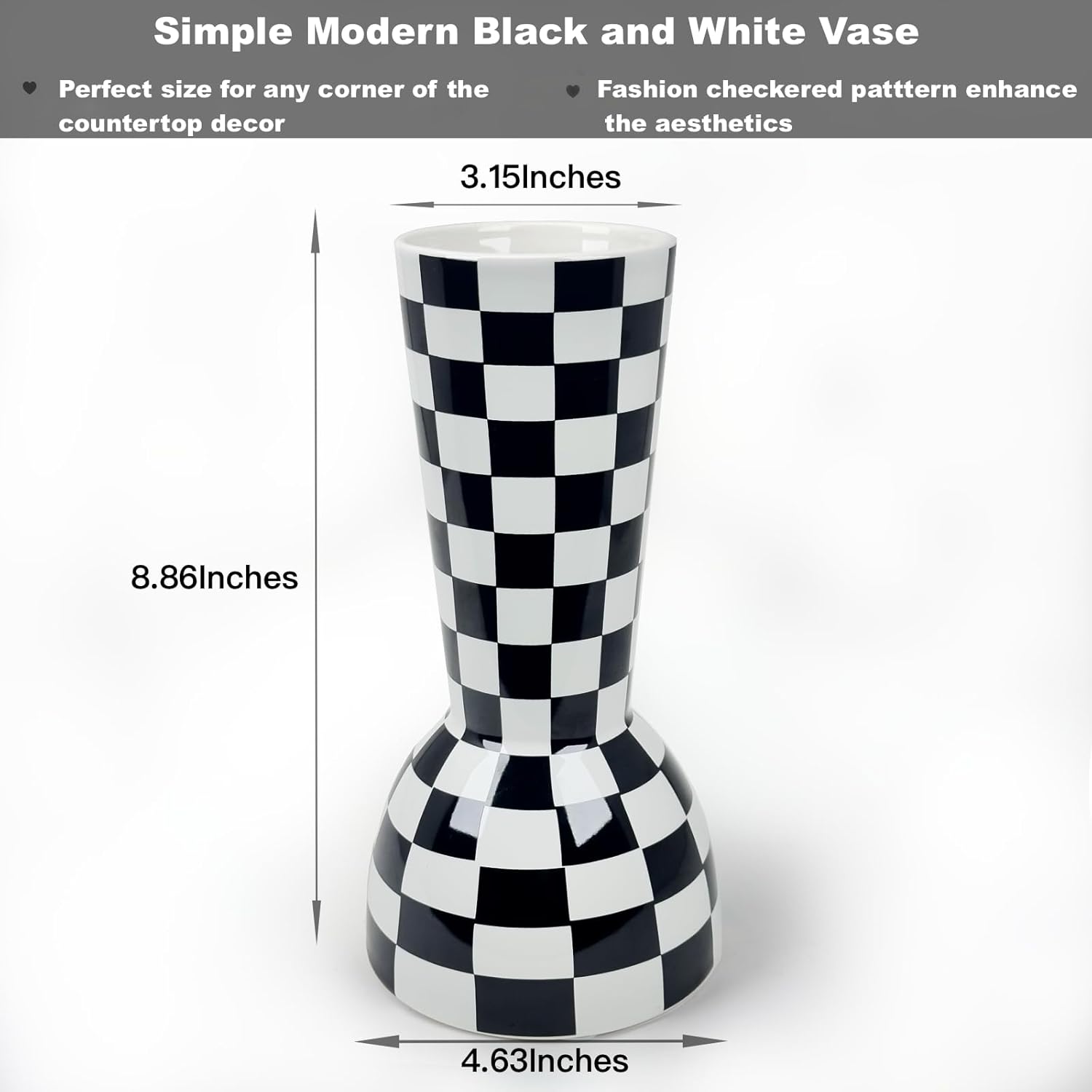 Black and White Checkered Vase, Aesthetic Modern Ins Cool Flower Vases for Home Decor, Entryway Table, Centerpieces Decoration, Kitchen, Living/Dining Room, Bedroom, Bathroom, Coffee Tables (Ceramic)