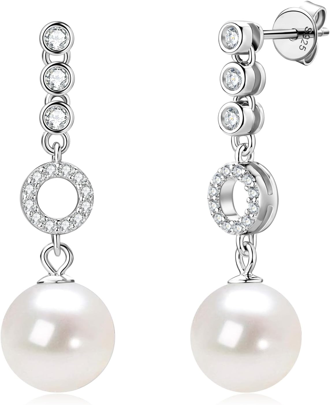 Freshwater Pearl Drop Earrings, 925 Sterling Silver Cultured Pearls Dangle Earrings with Cubic Zirconia, Wedding Anniversary Jewelry Gifts for Women Wife Bride