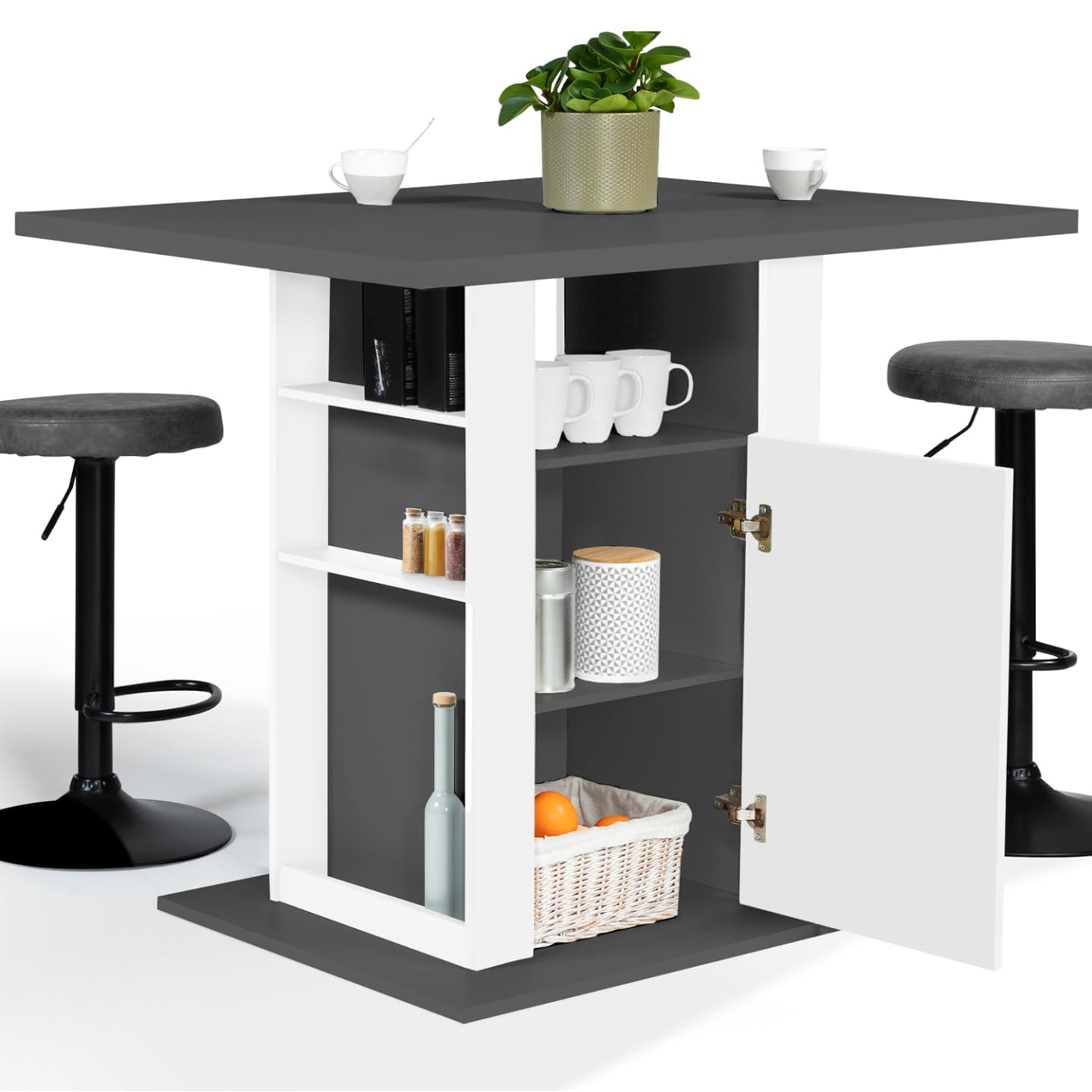 IDMarket - Ilot Central UGO 110 cm Plateau Bois Gris et Blanc avec rangements
