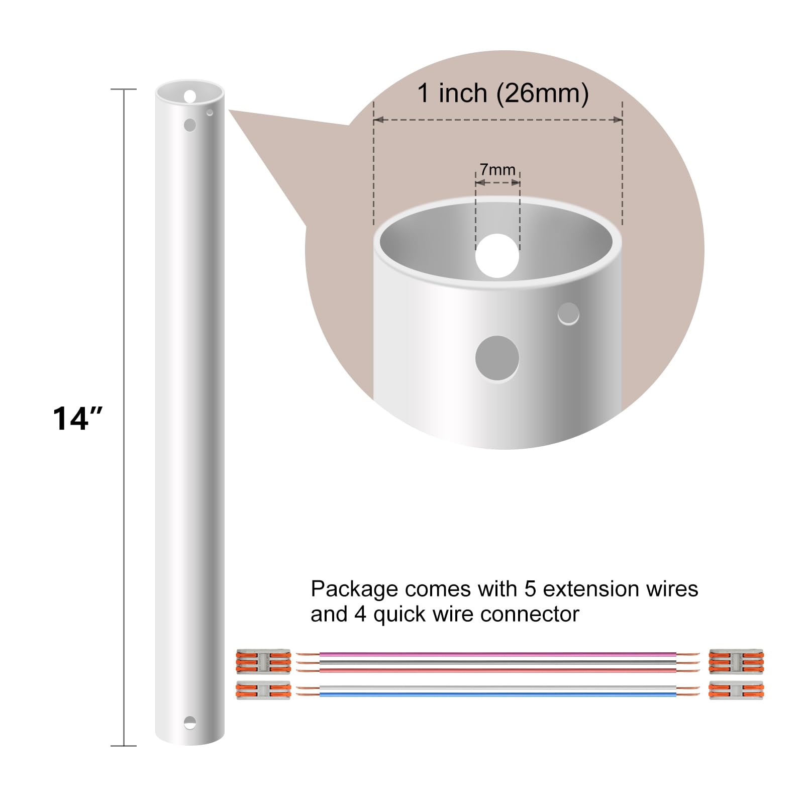 DPXMYG 5 Inch White Ceiling Fan Downrod With Ball Head - 1" Outside Diameter, Non-Threaded, Fits Many Fans