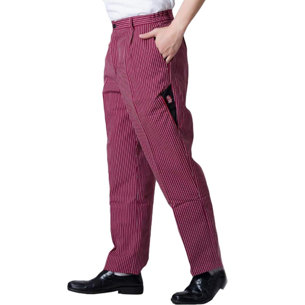 Jitong Men's Mc Red White Stripes | Semi Elastic Chefwear Pants Plus Size Elasticated Kitchen Work Pants Comfortable Catering Uniforms Chefs Trousers With Pockets - M