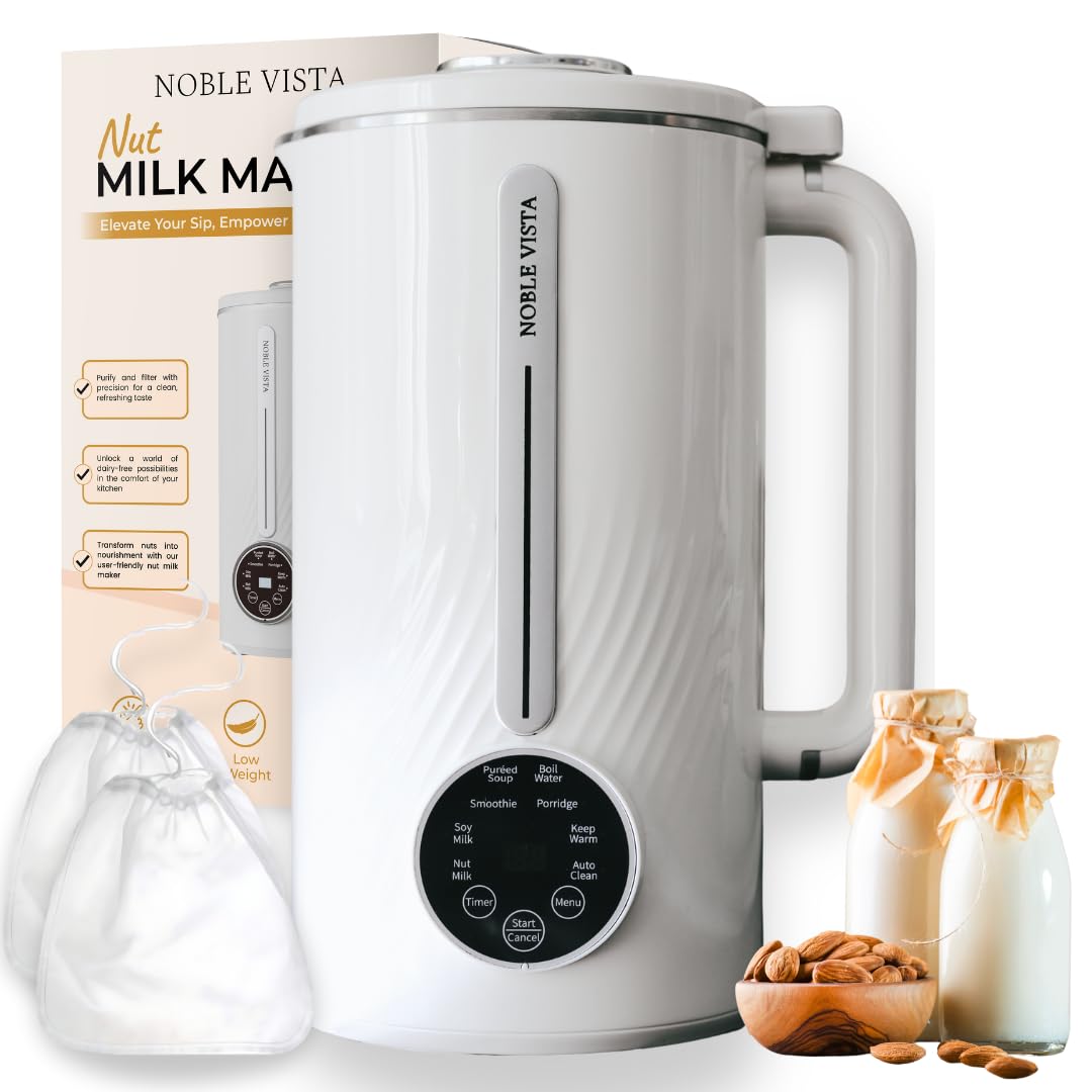 NOBLE VISTA Automatic Nut Milk Maker, 35 OZ, 8 In 1 Digital Display, 12 Hour Timer, Hot/Cold, Almond Milk Maker, Soy Milk, Smoothie, Boil, Self Clean