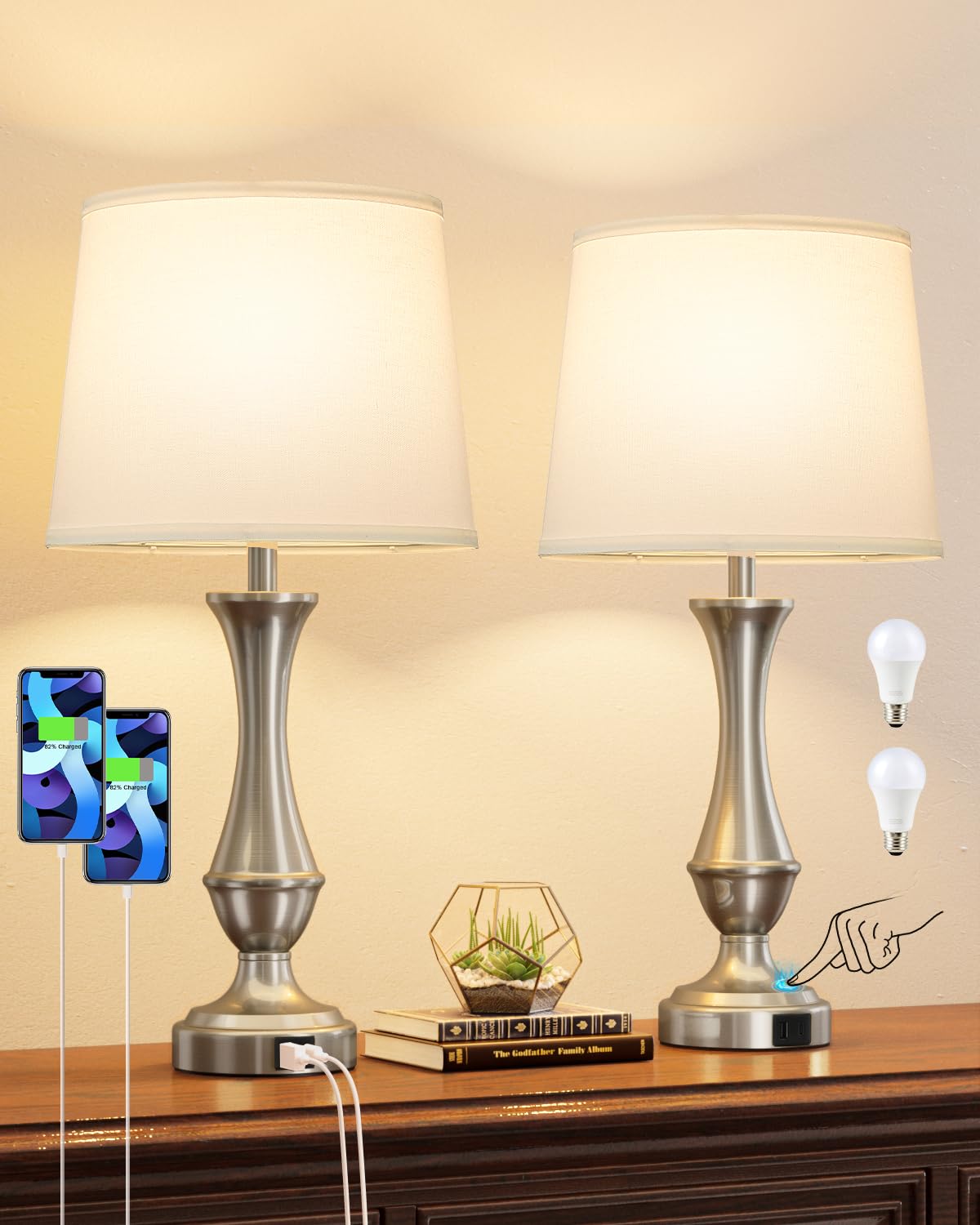 Seealle Upgraded Touch Lamps for Night Stands Set of 2 - Bedside Lamps with USB C+A, 3 Way Dimmable for Bedroom Living Room End Tables Office (White&amp;Nickel)