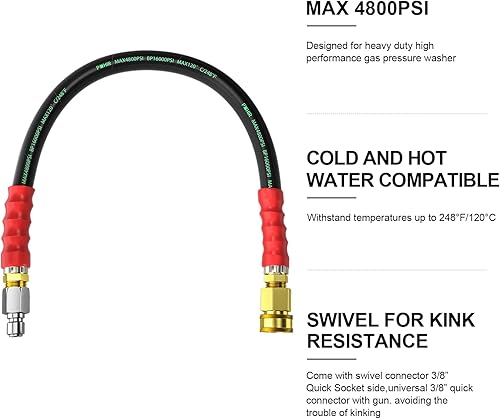 Miniatura 7 de POHIR Manguera de látigo para lavadora a presión de 38 pulgadas, conector de carrete corto para lavado a presión, 248 agua caliente 4800 PSI, puente