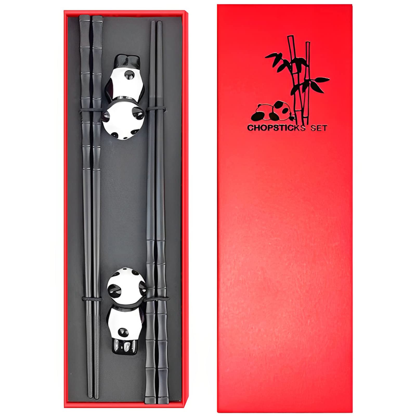 Reusable Chopsticks with Rest Gift Set,Fiber Glass Chopsticks and Porcelain Panda Chopstick Holders,Dishwasher Safe Non-slip Chinese Japanese Style Black 2 Pairs