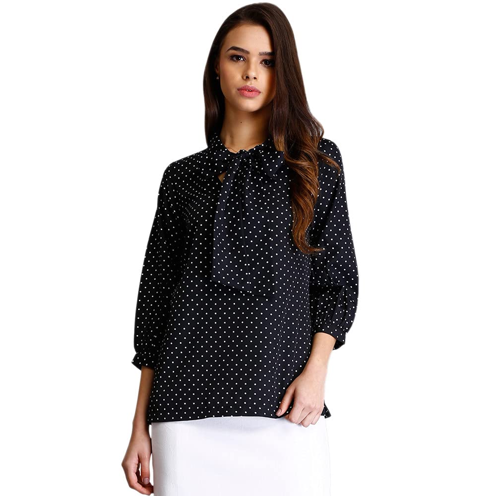 fablestreet Women's Bow Neck Polka Print Top - Black and White-picture-44