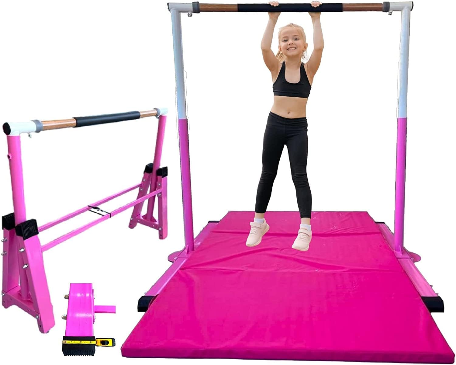 Iron Bar Gymnastics Bar for Kids with 6’x4’ Tumble Mat Horizontal Kip Bar Folding, Adjustable Height 3 to 5 FT, Gymnastic Junior Training Bar, Heavy Duty Gymnasts Home Exercise Bar for Children, Pink