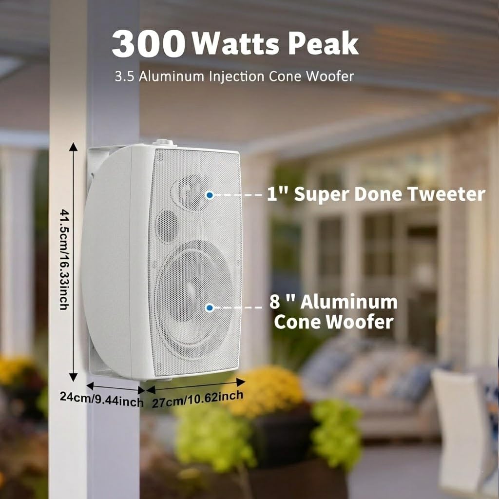 STUDIOFINIX TWS Haut-parleurs Bluetooth d'extérieur de 20,3 cm, 600 W, jumelage stéréo TWS, système de haut-parleurs étanches à montage mural pour patio, maison, bord de piscine, terrasse