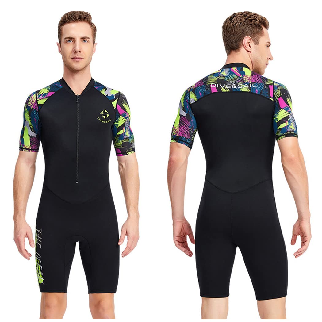 Traje de neopreno fino para hombre, de manga corta, estampado, esnórquel, natación, surf, parte superior de nailon, protección solar, pantalones cortos térmicos de neopreno de 1,5 mm