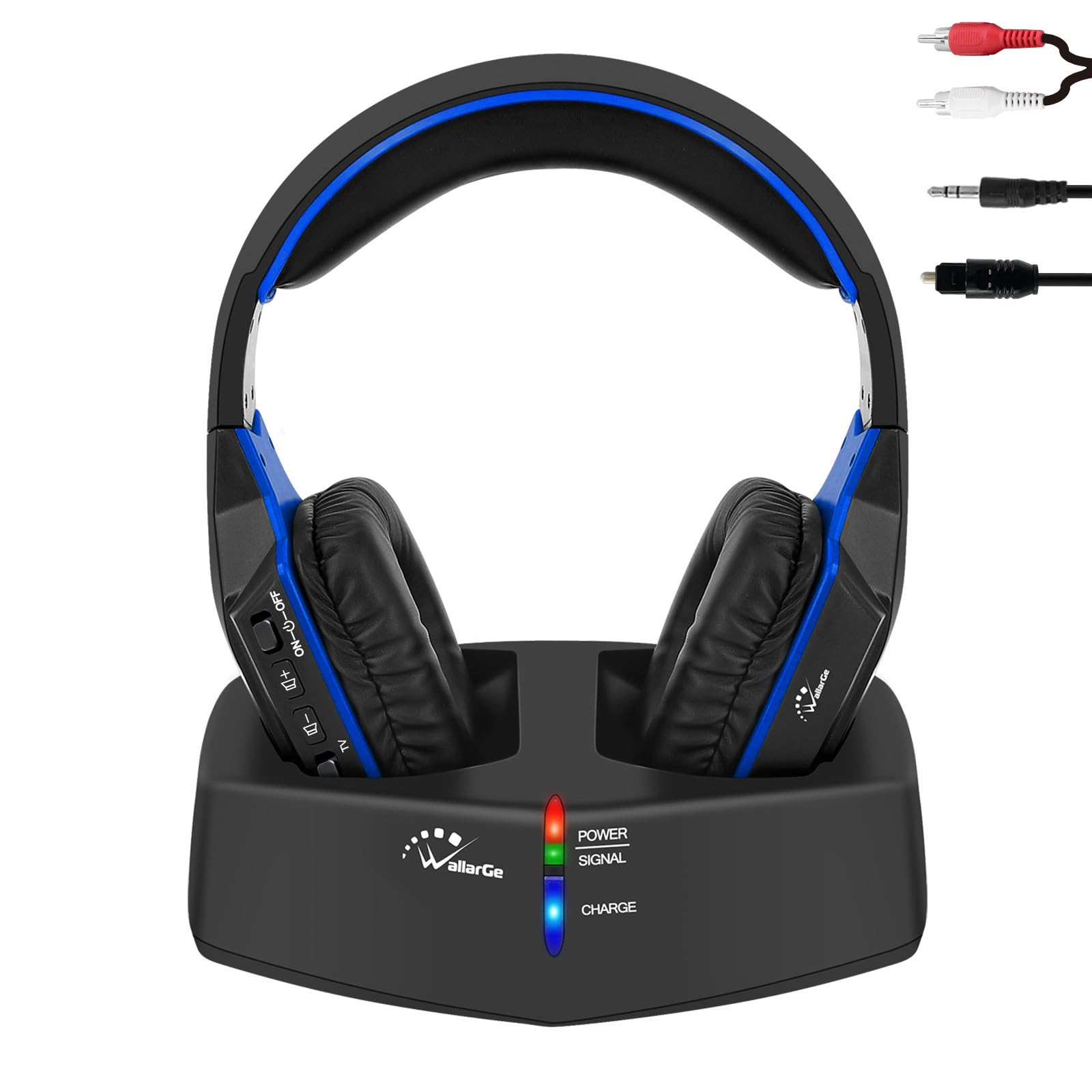 WallarGe Wireless Headphones for TV/TV, Over-Ear Wireless Headphones with RF Digital Charging Station with Range 33 m, with Optical and Aux Port (Black & Blue)