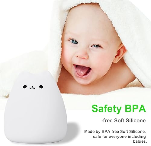 Miniatura 7 de Eoanwu Luz nocturna LED para niños, bonita luz nocturna de gato que cambia de color con control de grifo, funciona con pilas, portátil, de silicona,