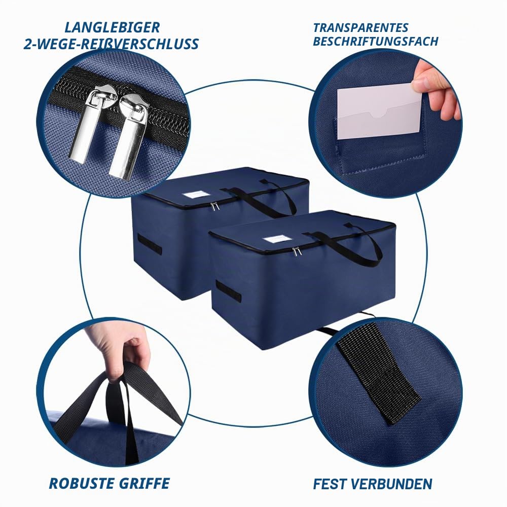 2Pack Unterbett Aufbewahrungsbox mit Deckel, 105L Große Aufbewahrungsbeutel mit Girff, Tragbar Unterbettkommode Stoff, Aufbewahrungstasche für Bettdecken, Kleidung, Decken, Dunkeblau