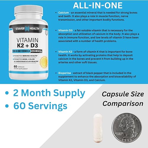 Miniatura 3 de Vitamina K2 D3 con calcio y bioperina, vitamina K2 (MK7) con suplemento D3 sin OMG, vitamina D3, vitamina K2 MK-7 fácil de tragar vitamina D y