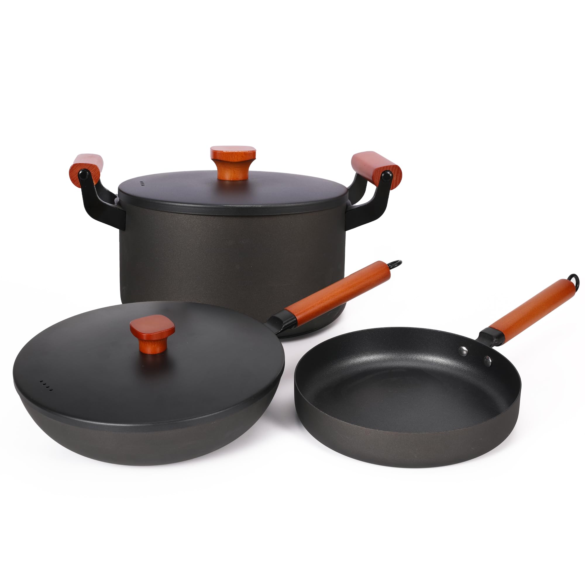 UMAI Cast Iron Pots and Pans Cookware with Wooden Handle | Cast Iron Fry Pan (26cm) | Wok & Handi (4.4L Each with Lid) | Non Stick Cookware Set | Gas & Induction Pan | Kitchen Set for Home (Black) (B0DDTN5SN8) Amazon Price History, Amazon Price Tracker